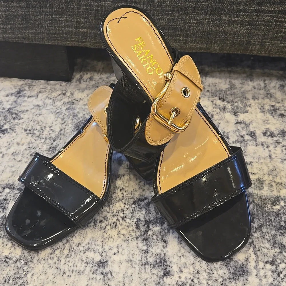 Franco Sarto Black and Tan Heeled Sandals With Buckle